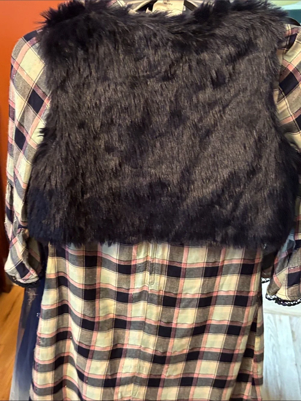 Rare Editions Black Faux Fur Vest with Pink and Navy Plaid Dress